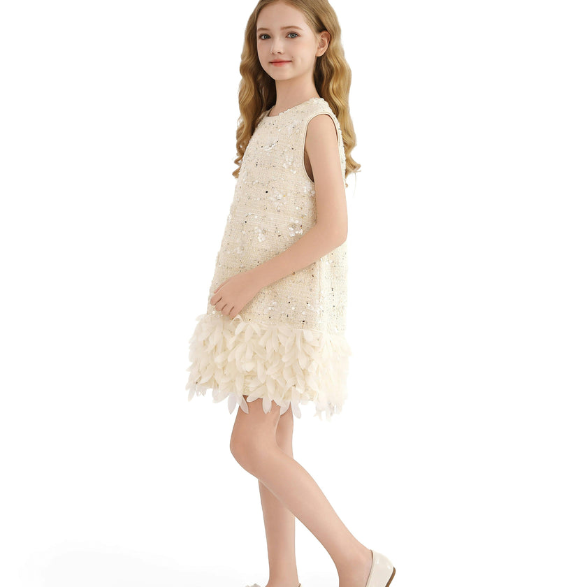 Cream Sequin Feather-Hem Dress