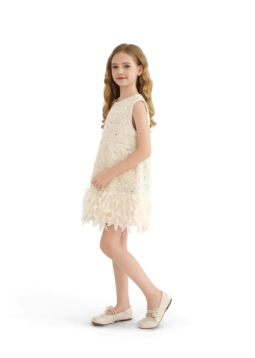 Cream Sequin Feather-Hem Dress