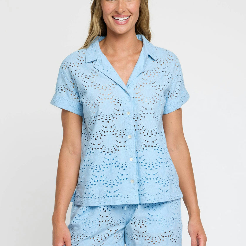 Dakota Eyelet Button Up Shirt in Powder Blue