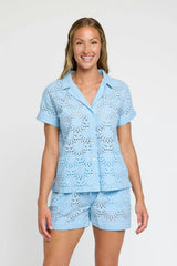 Dakota Eyelet Button Up Shirt in Powder Blue