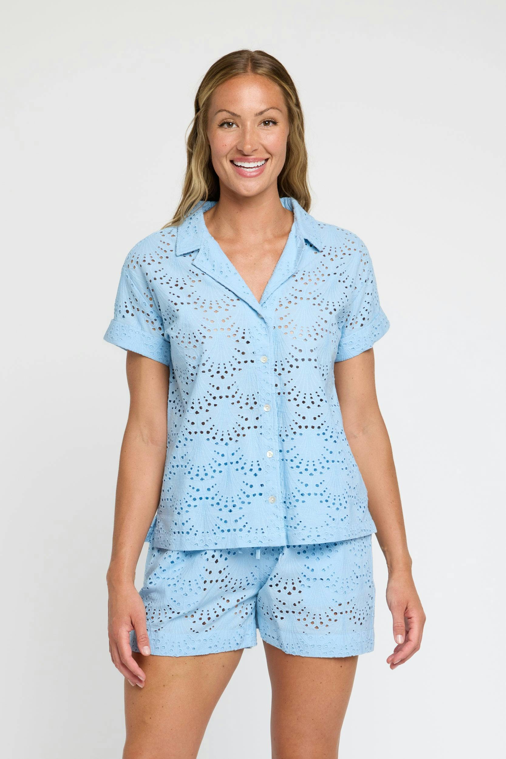 Dakota Eyelet Button Up Shirt in Powder Blue
