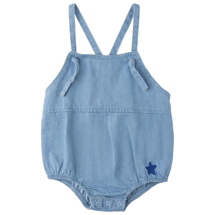 Star Embroidered Woven Denim Romper