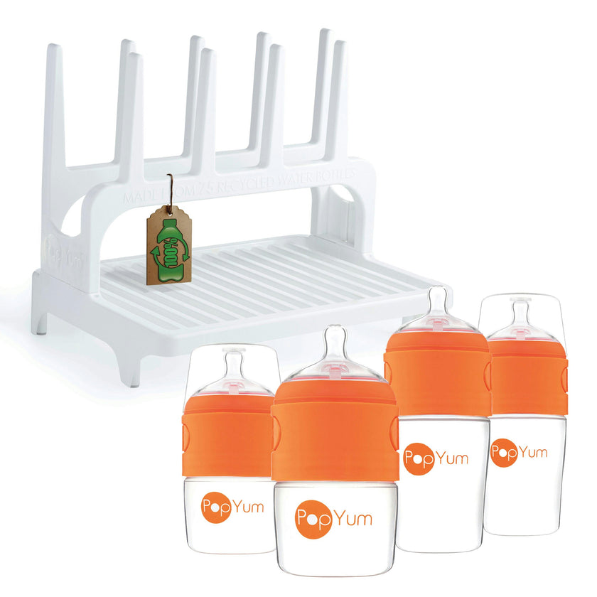 PopYum Orange Formula Making Baby Bottle Set 4-Pack with White Drying Rack Bundle