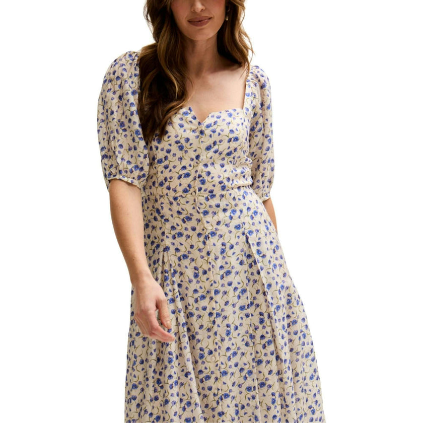 April Button Front Floral Print Midi Dress