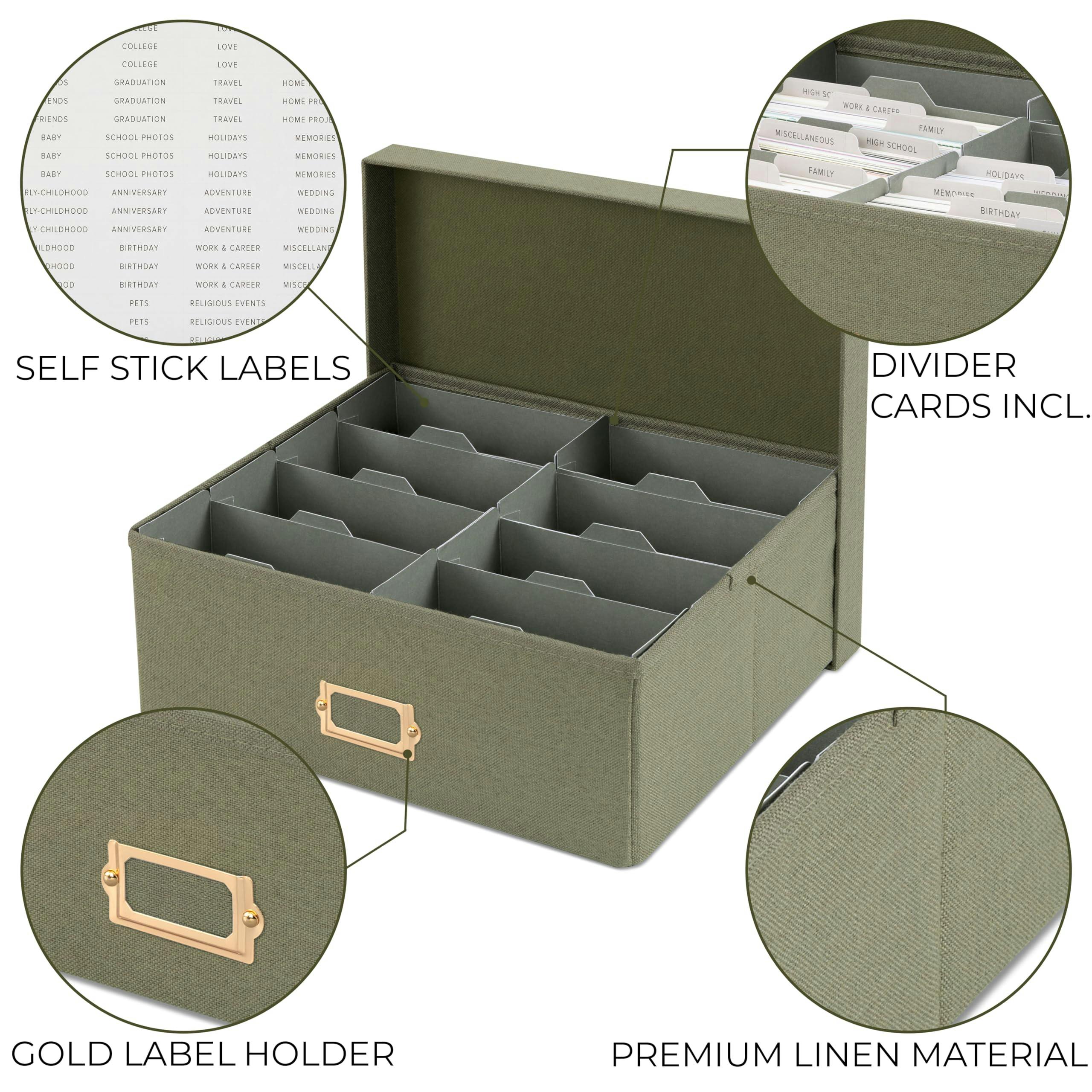 Decorative Photo Storage Box - Sturdy Linen Photo Organizer with Dividers - Stores Up to 850 4x6 Photos - Portable Scrapbook Storage Container with Lid
