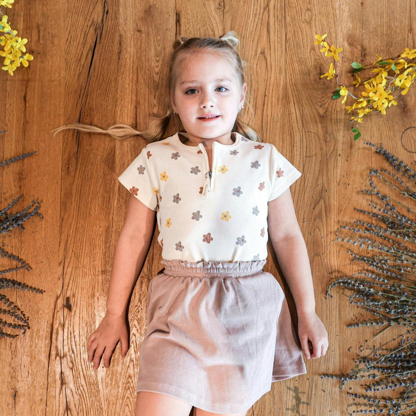 Floral Ribbed Girls Short Sleeve Top