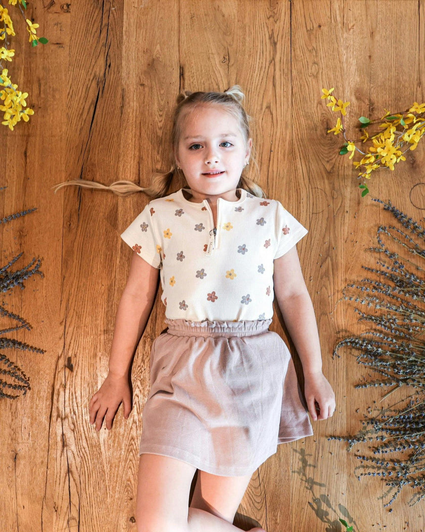 Floral Ribbed Girls Short Sleeve Top