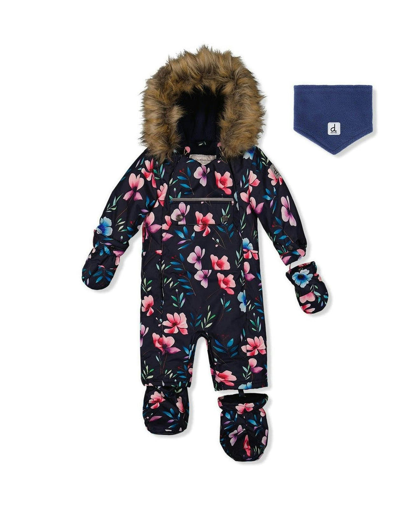 Baby One Piece Snowsuit Adapted For Car Seats Blue Floral Print