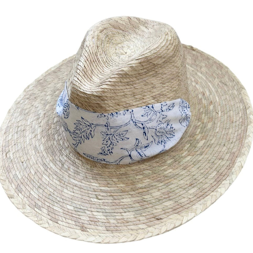 Zinnia Sun Hat - Blue Thistle Block Print Hat Scarf