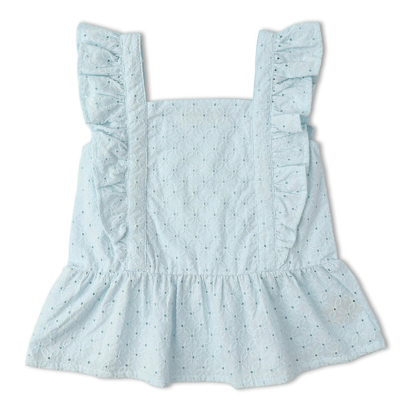 Organic Eyelet Flutter Top And Shorts Set - Light Blue Eyelet