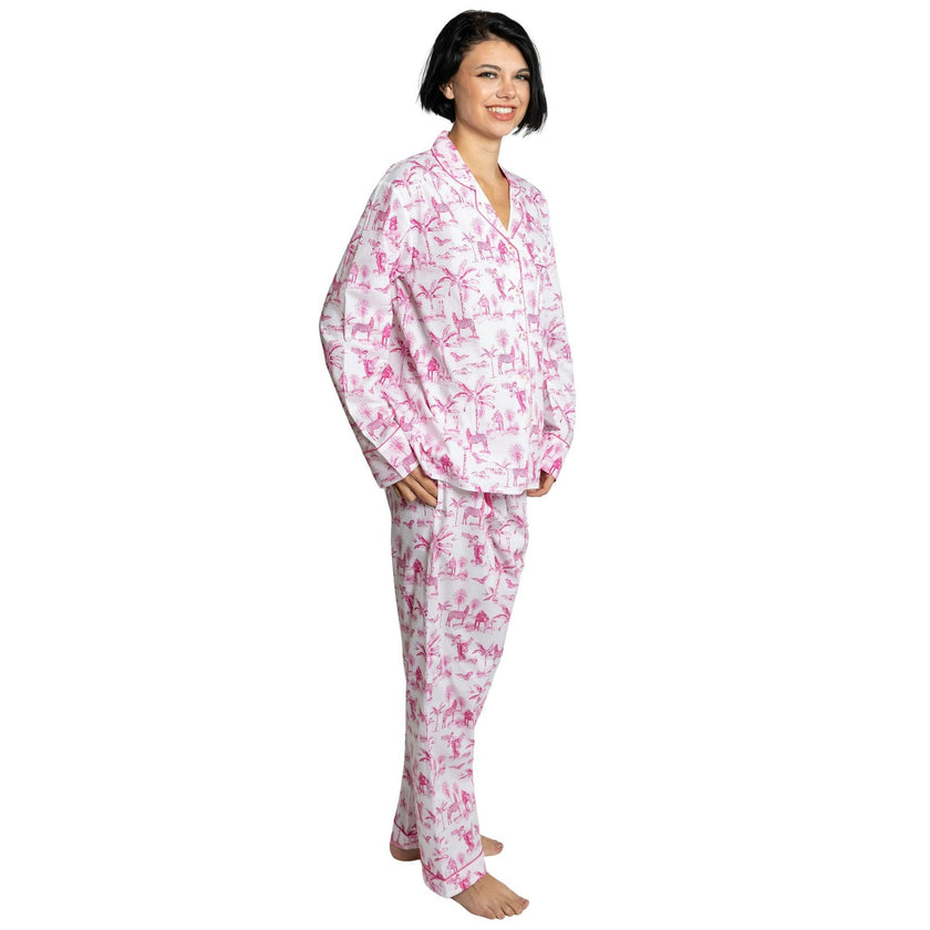 Women's Skydog Toile Pink Long PJ Set - Organic Cotton Poplin