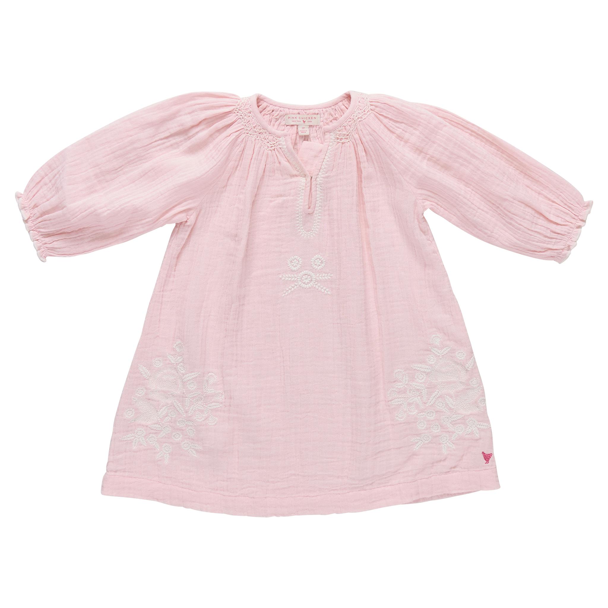 Girls Ava Dress - Pink White Embroidery