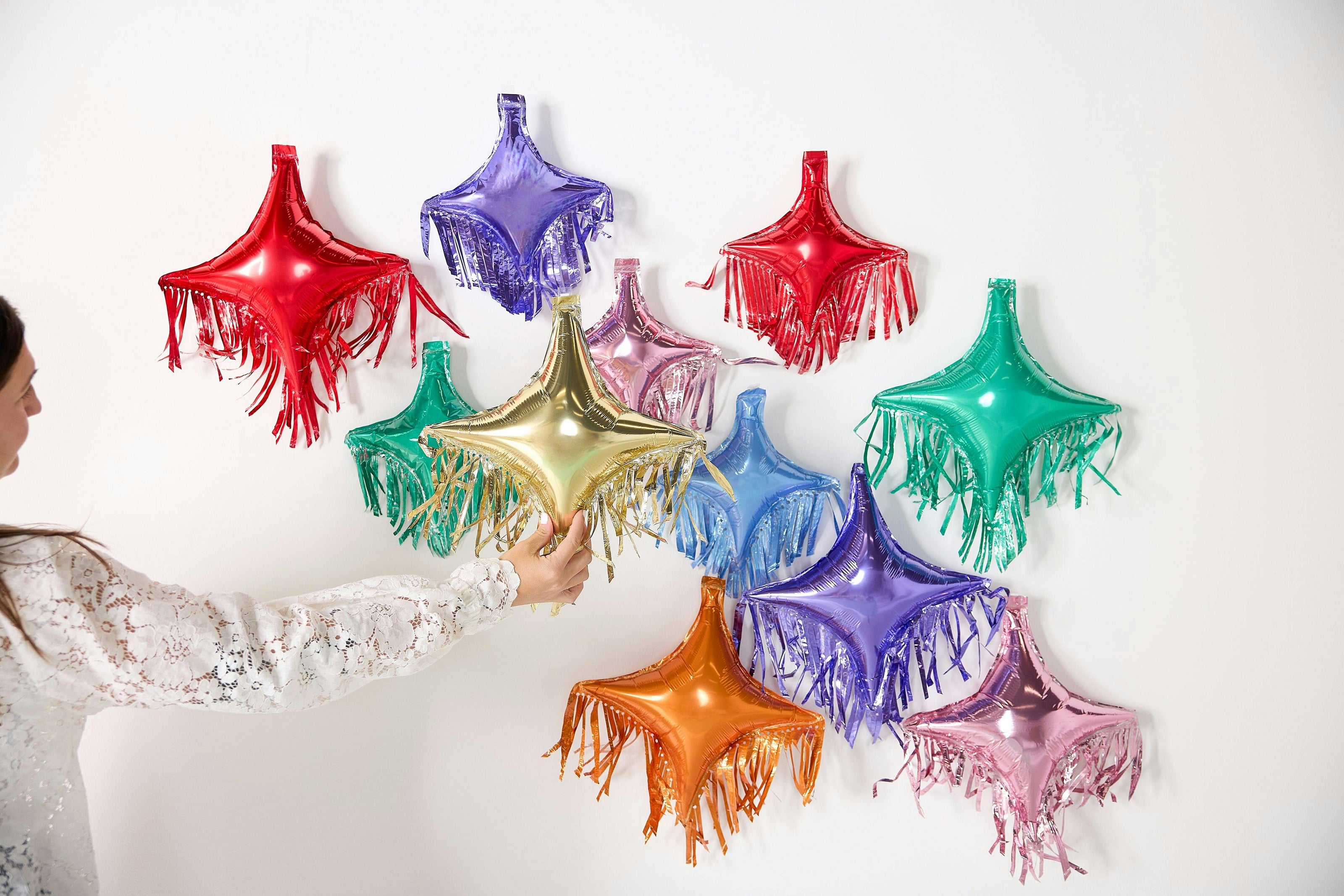 Packed Party Rainbow Fringe Spark Mylar Balloon Pack 14ct - Multicolor Spark-Shaped Balloons with Shiny Fringe Tassels, Large 16x14 and Small 12x10.5 Inch