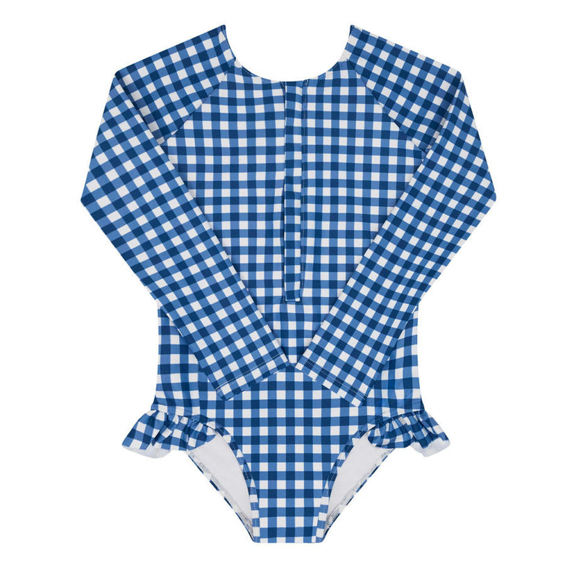 girls navy picnic gingham front zip rashguard one piece