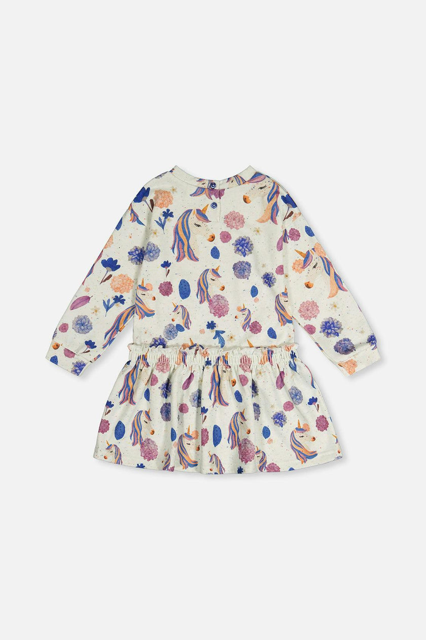 French Terry Dress Beige Unicorn Print