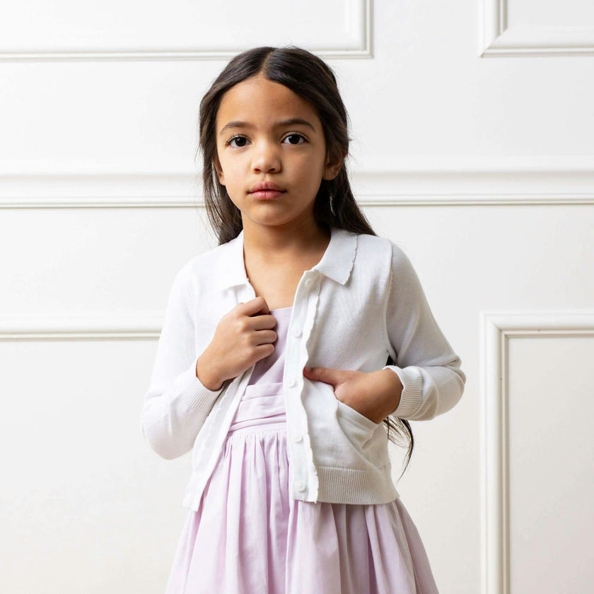 Organic Long Sleeve Scallop Detail Cardigan Sweater, White