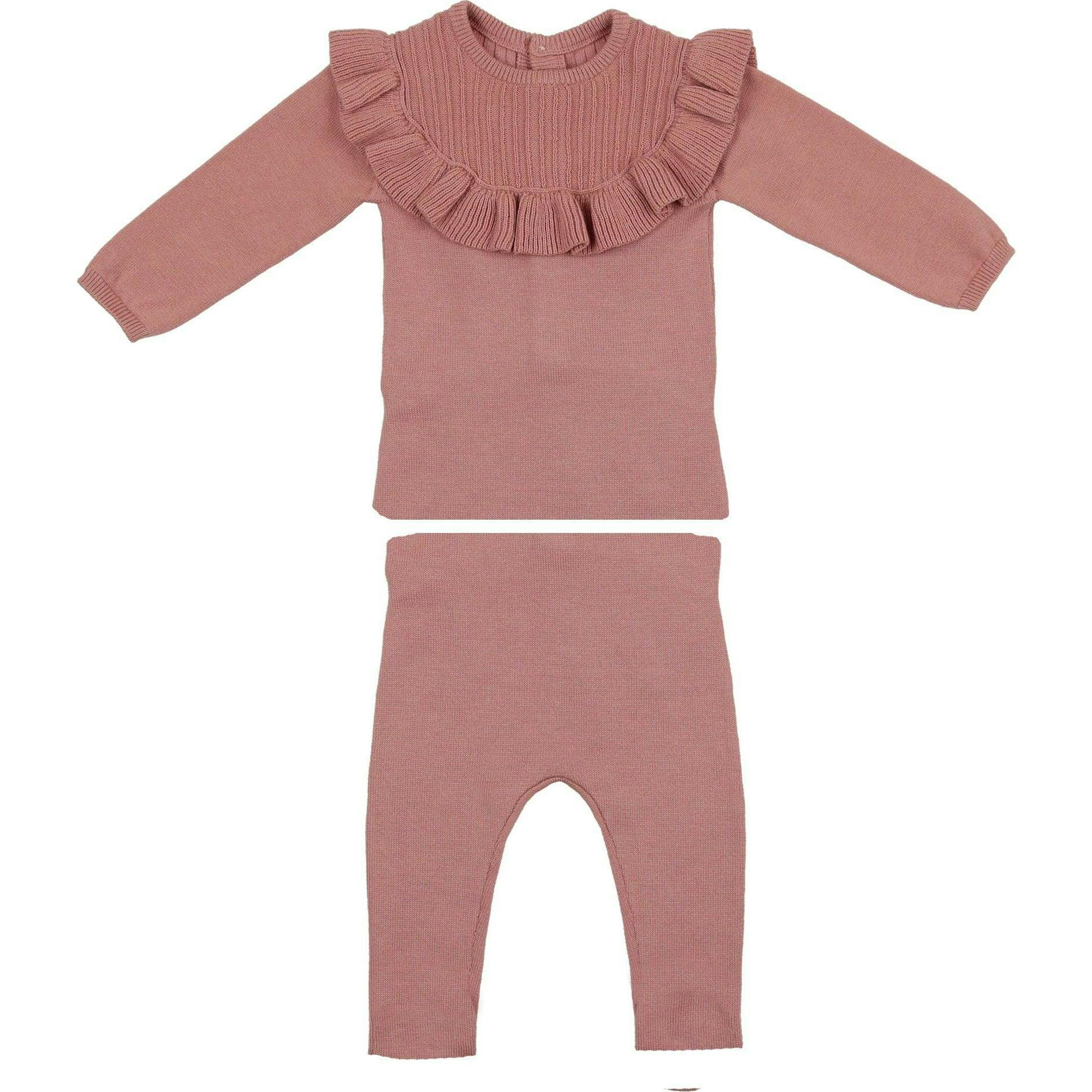 Yoke Collar Knit Shoulder Ruffle Top & Pant 2-Piece Set