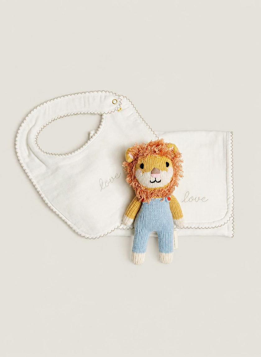 Baby Bib & Burp Cloth Set - Embroidered "Love" and Larkin the Lion