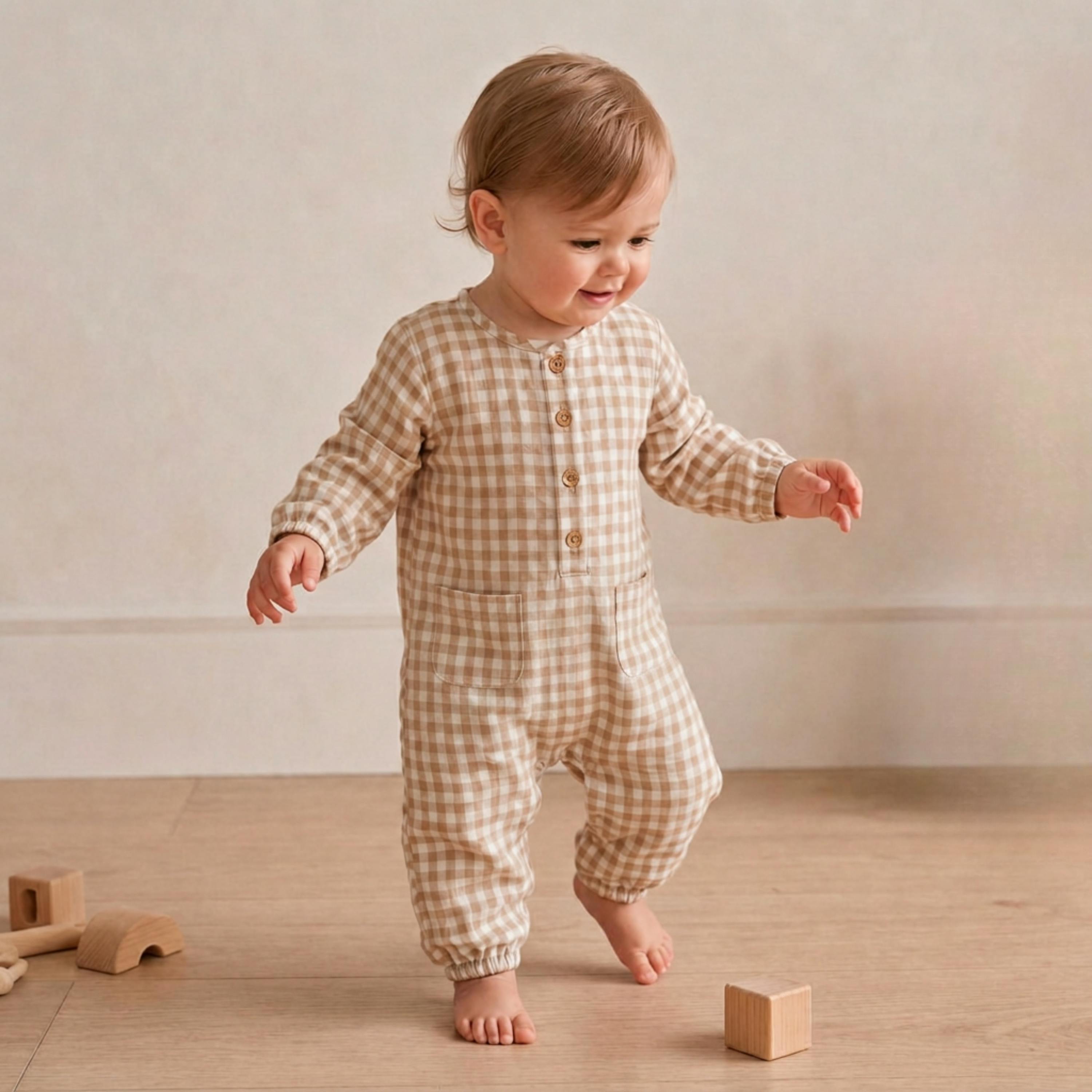 Organic Long Sleeve Button Romper - Oat Gingham