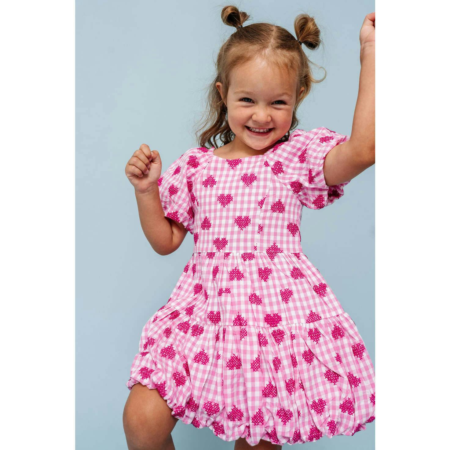 Pink Gingham Hearts Embroidery Girls Daphne Dress