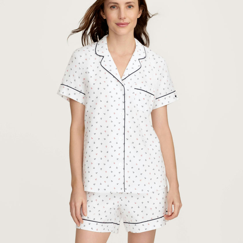Women's Twill Short Sleeve Short Set in Anchors Away White