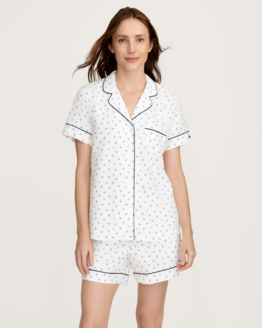 Women's Twill Short Sleeve Short Set in Anchors Away White