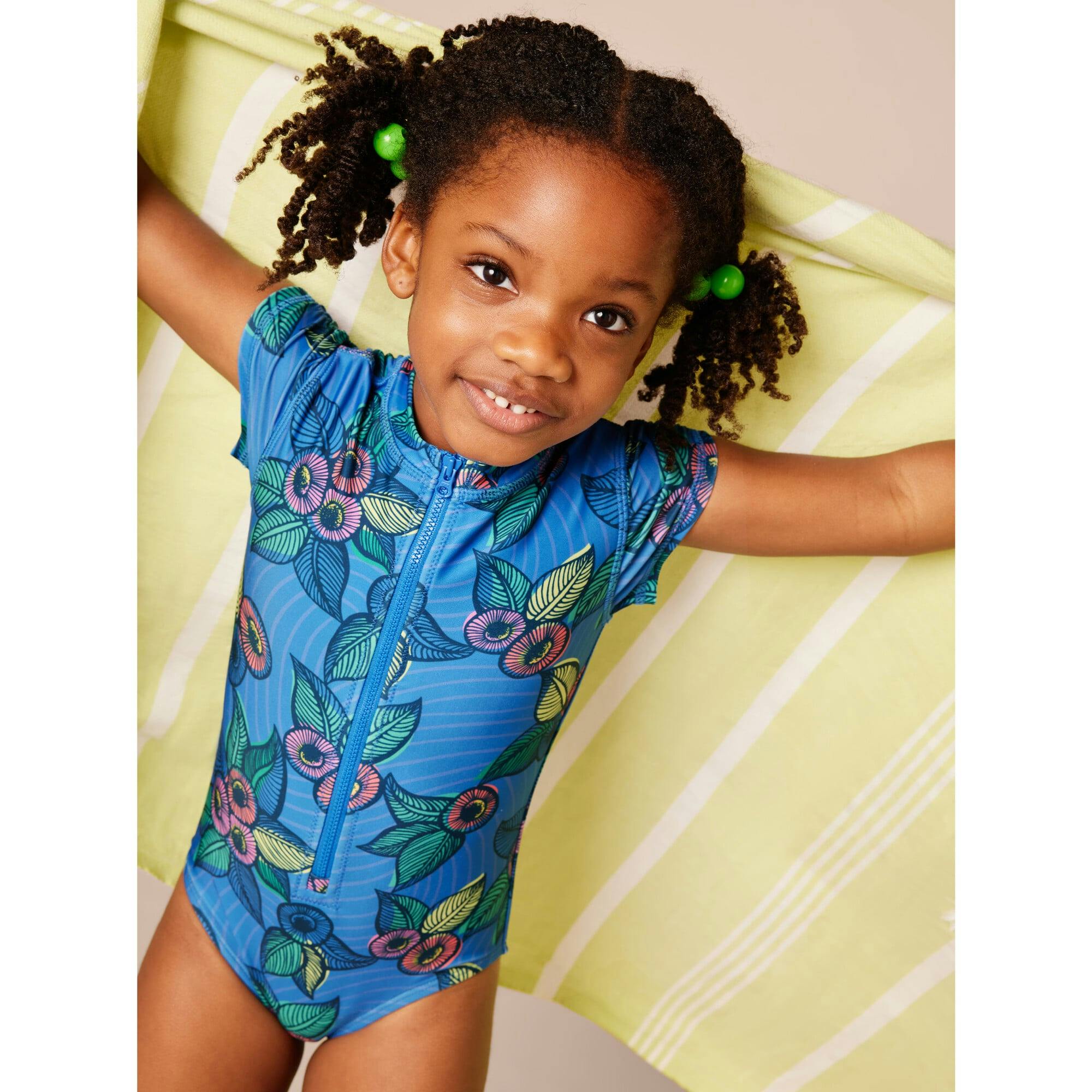 Short Sleeve Zipped Rash Guard One-Piece Swimsuit, Blue