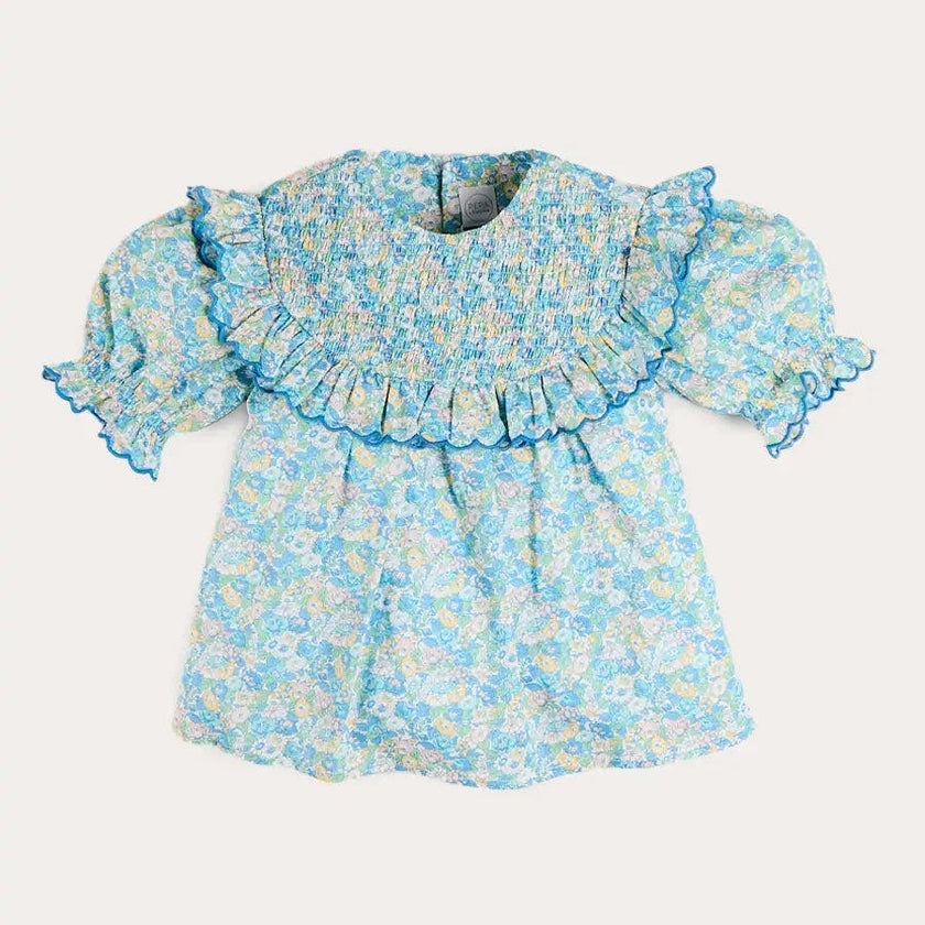 Leontyne Floral Scalloped Smocked Detail Short Sleeve Blouse in Blue Made with Liberty Fabric (2- 10yrs)