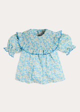 Leontyne Floral Scalloped Smocked Detail Short Sleeve Blouse in Blue Made with Liberty Fabric (2- 10yrs)