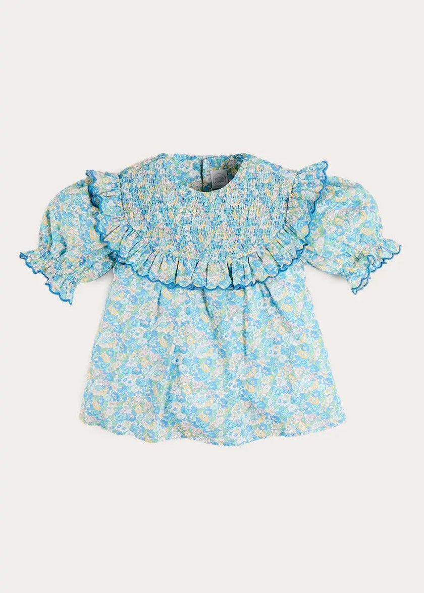 Leontyne Floral Scalloped Smocked Detail Short Sleeve Blouse in Blue Made with Liberty Fabric (2- 10yrs)