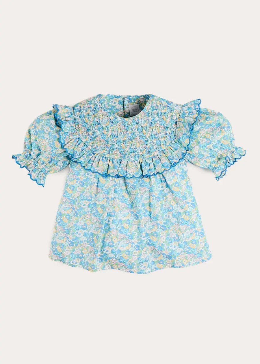 Leontyne Floral Scalloped Smocked Detail Short Sleeve Blouse in Blue Made with Liberty Fabric (2- 10yrs)