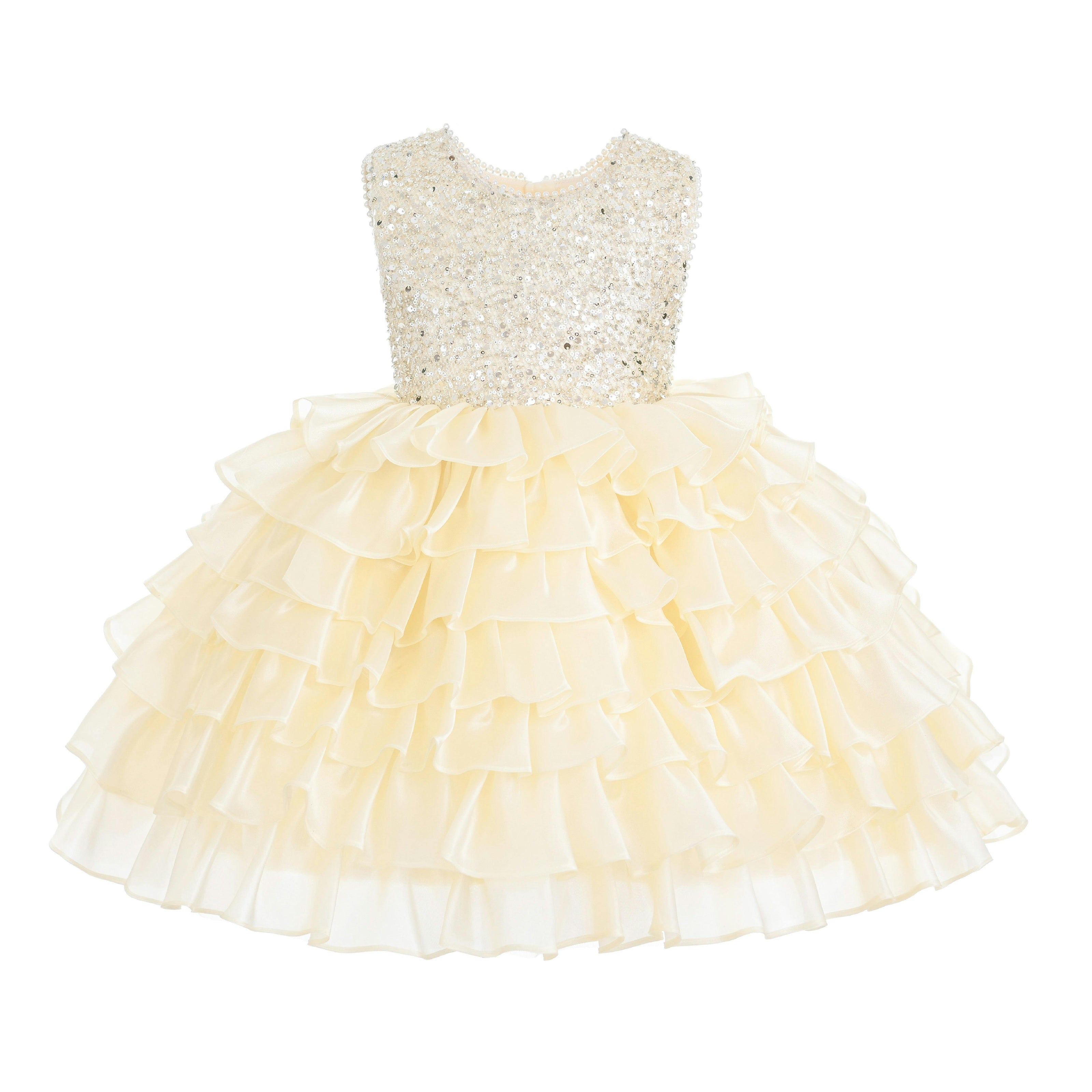 Cream Lucinda Sequin Ruffle Dress