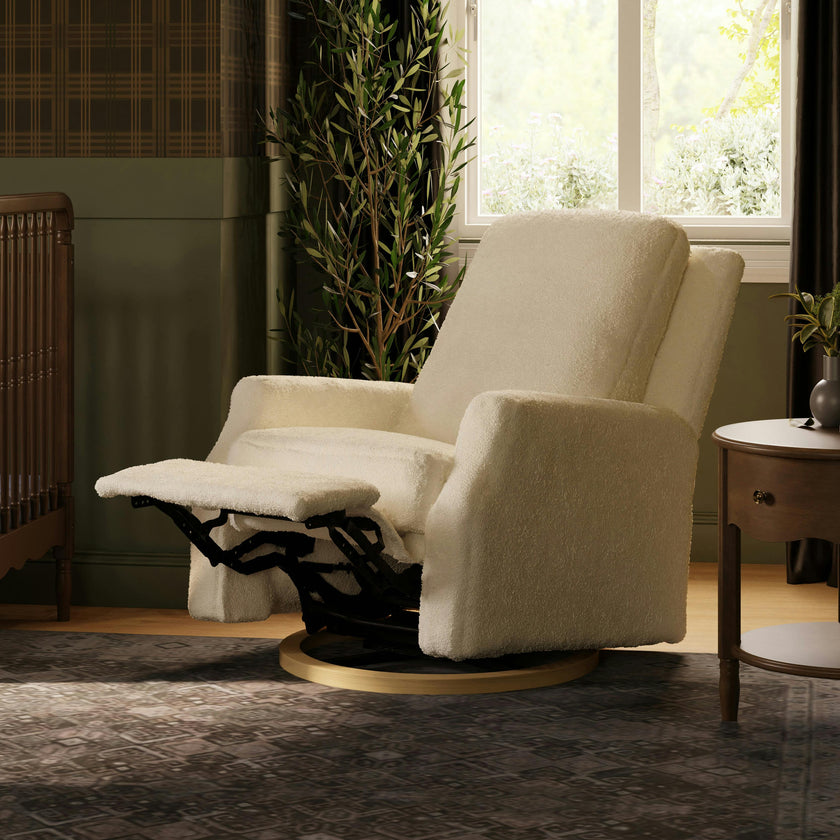 Crewe Electronic Recliner & Swivel Glider in Ivory Boucle with Light Wood Base