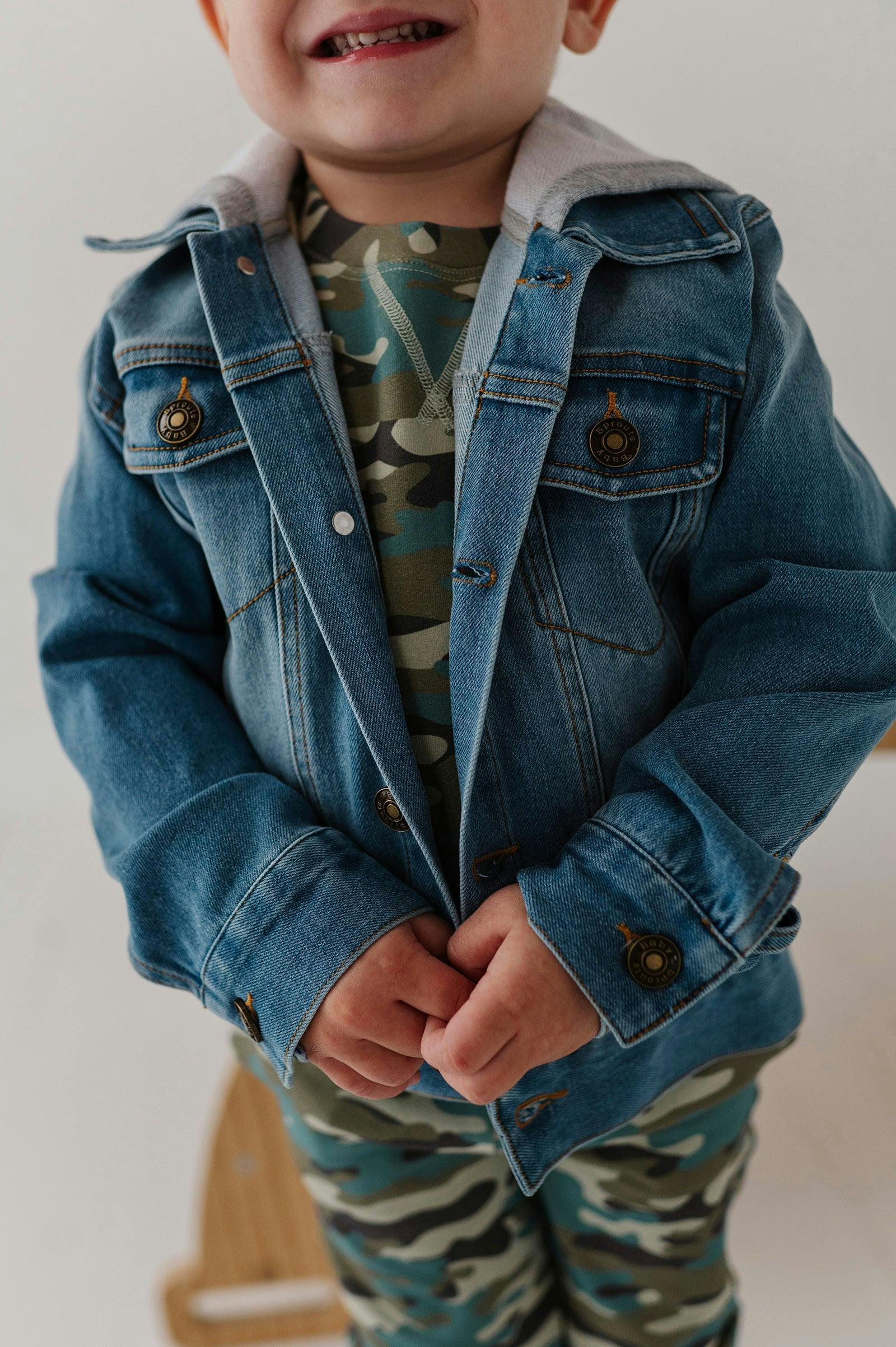 Boys Hooded Denim Jacket in Mid Blue Wash