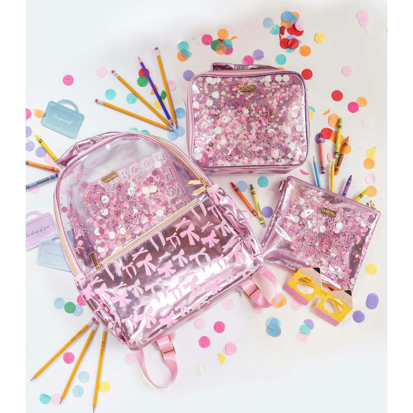 Pink Bow Confetti Clear Backpack by Packed Party | 17" Cute Backpack for Adults