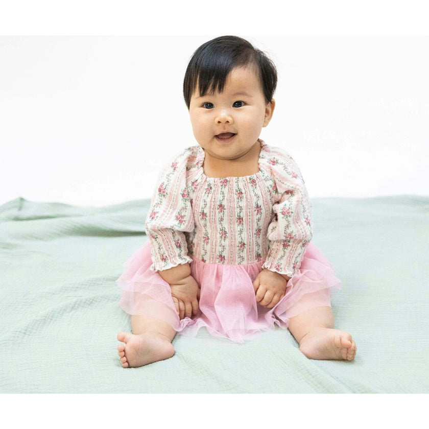 Winding Roses Stripe - Long Sleeve Smocked Bubble with Tutu