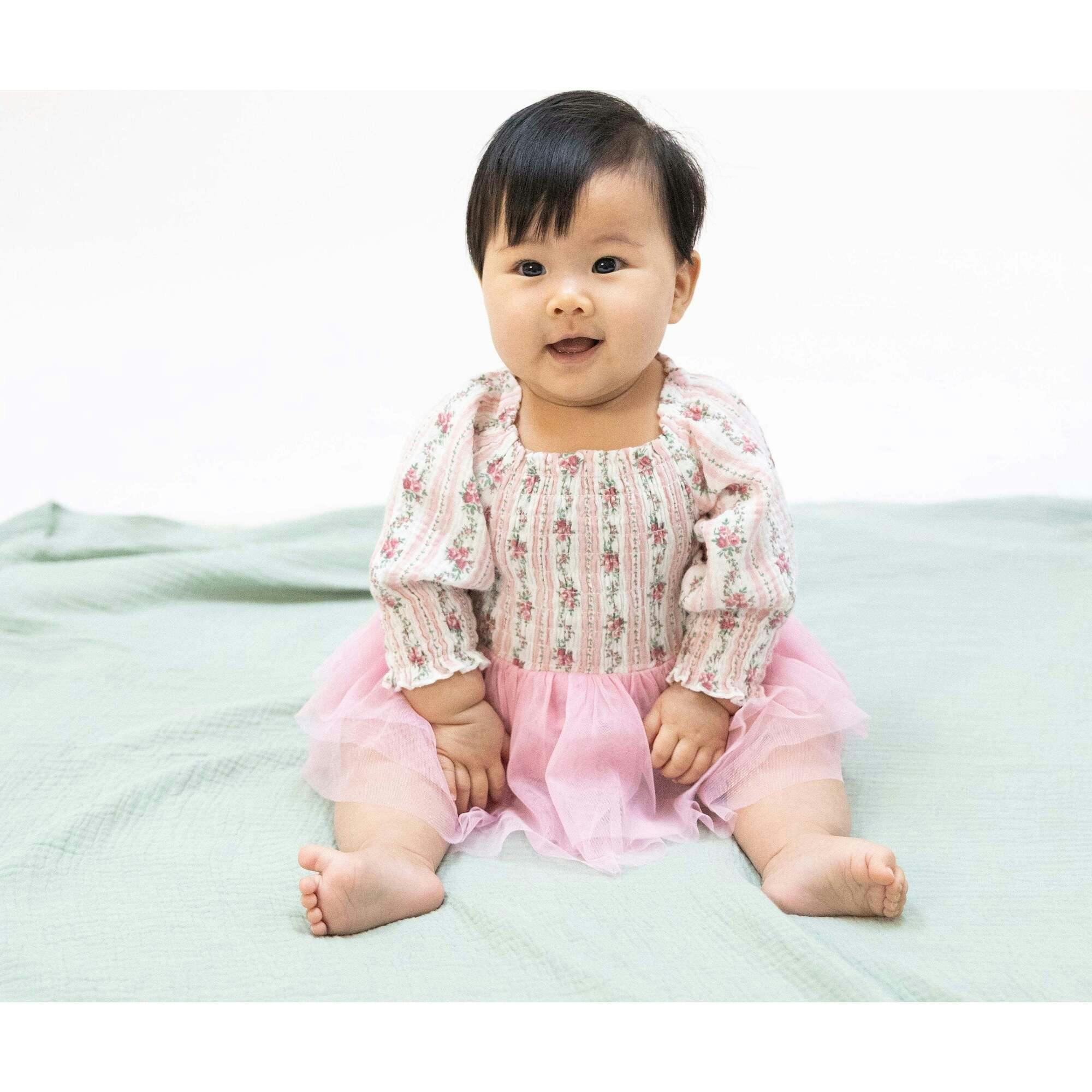 Winding Roses Stripe - Long Sleeve Smocked Bubble with Tutu