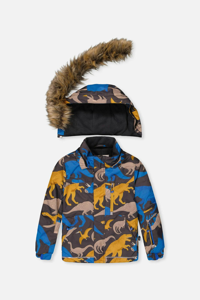 Two Piece Play Snowsuit Grey and Blue Dinosaur Print with Blue Pants