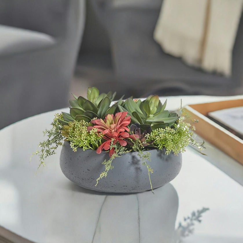 fake succulent arrangements Round Succulent Arrangement – Gray Planter