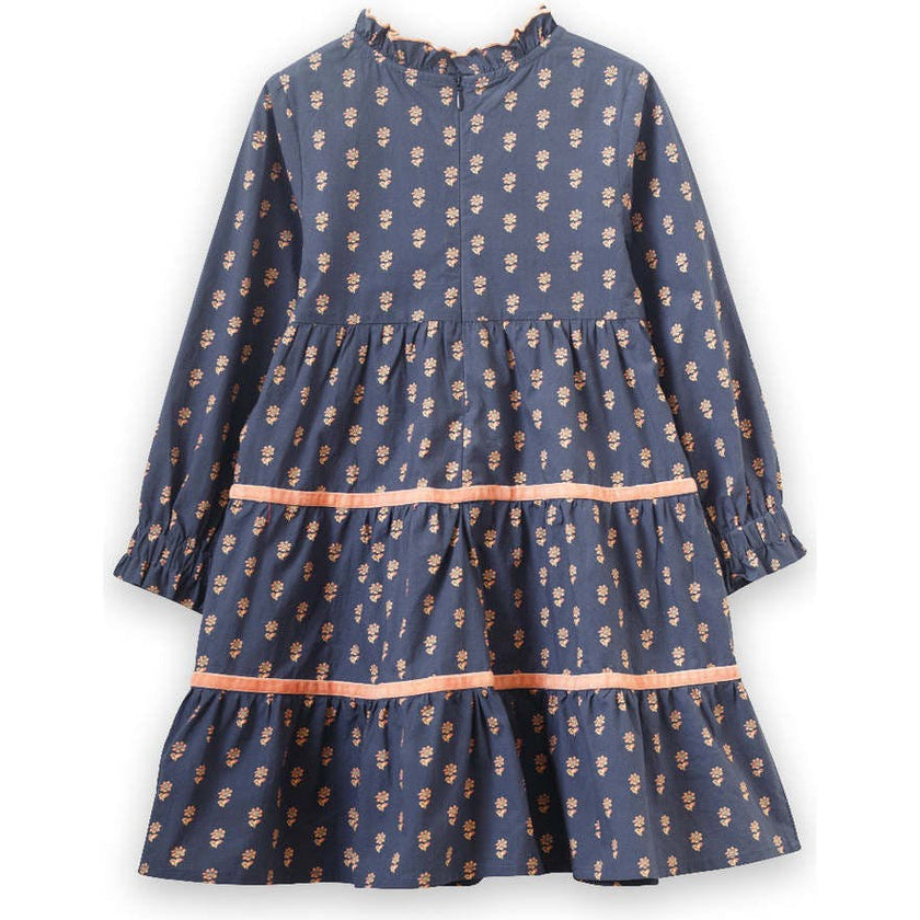 Long Sleeves Tiered Skirt Dress with Velvet Trim