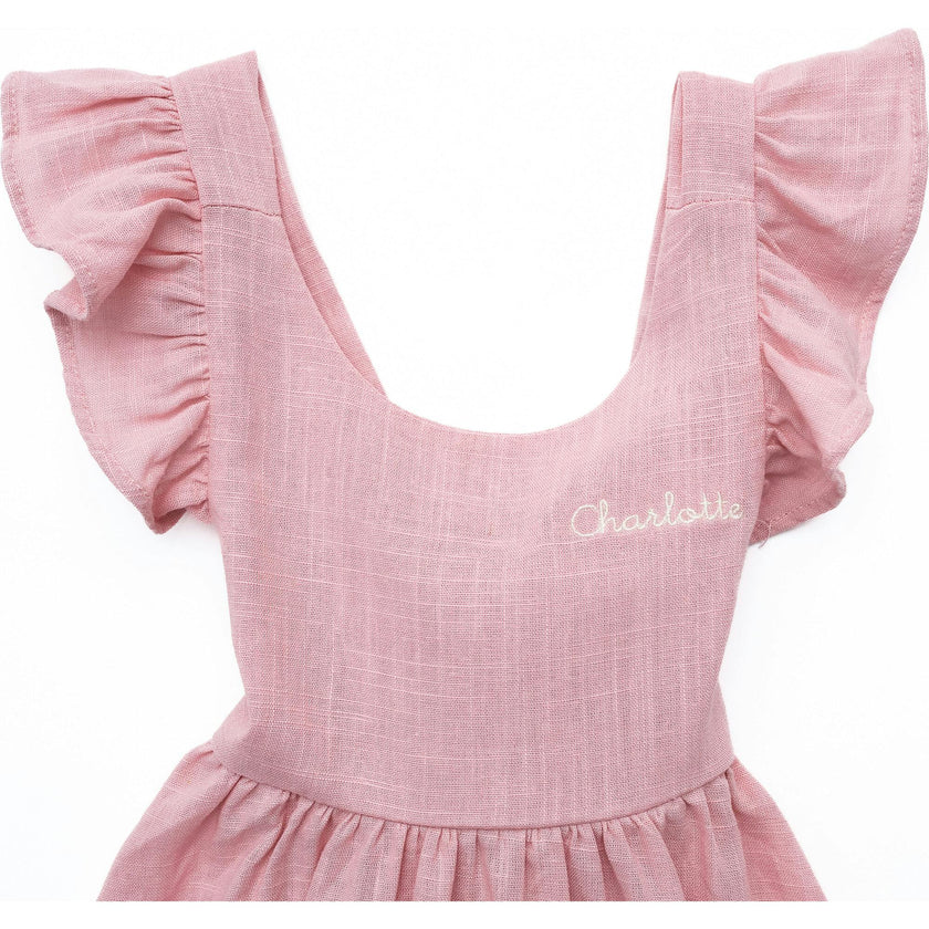 Custom Embroidered Girls Sleeveless Linen Dress, Pink