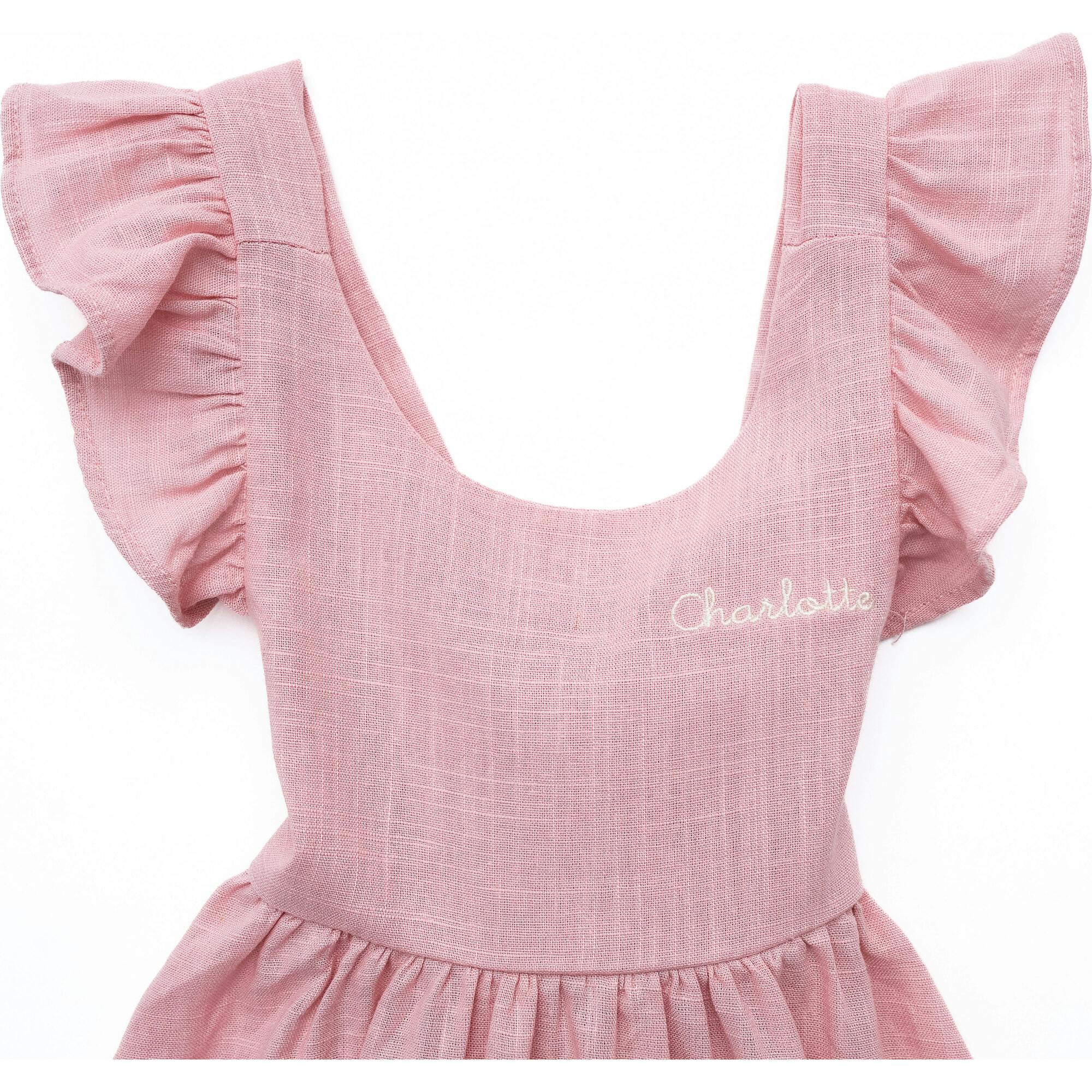 Custom Embroidered Girls Sleeveless Linen Dress, Pink