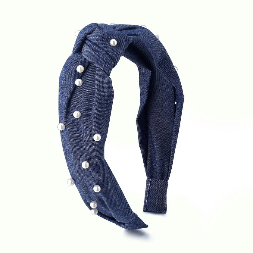 Blue Knot Denim Headbandwith Pearls