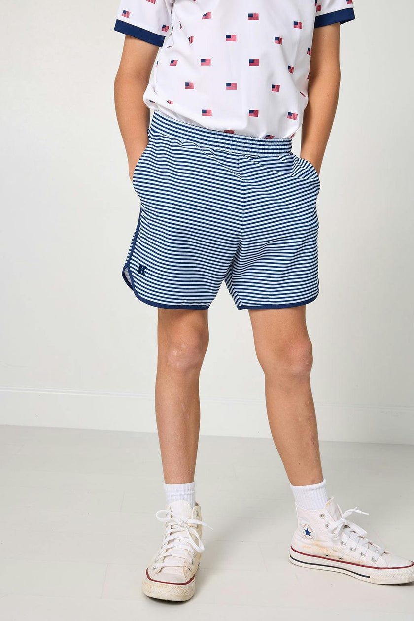 navy thin stripe retro super short with navy piping