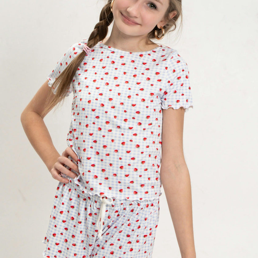 Girls Strawberry Print Short Sleeve Top and Shorts Set