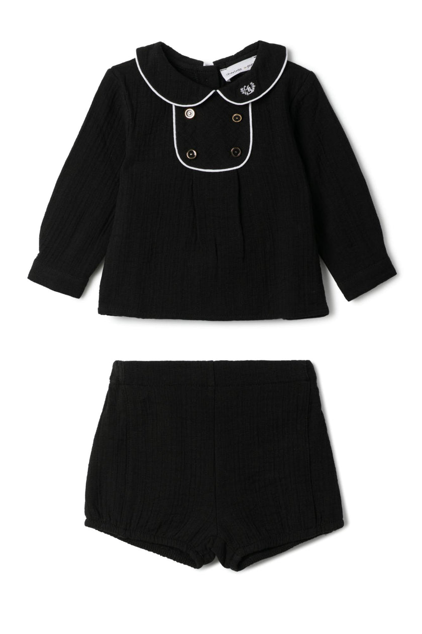 Crest Embroidered Pleated Shirt and Shorts Two Piece Set