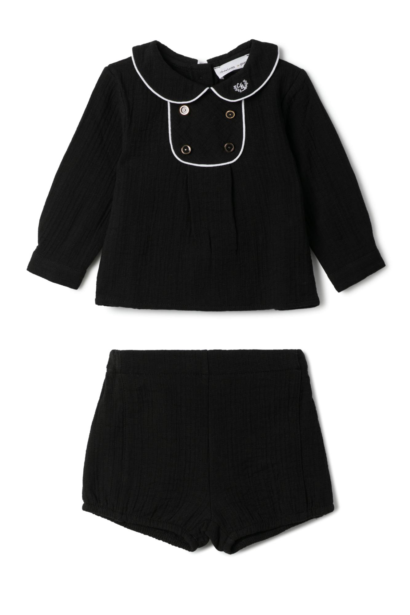 Crest Embroidered Pleated Shirt and Shorts Two Piece Set