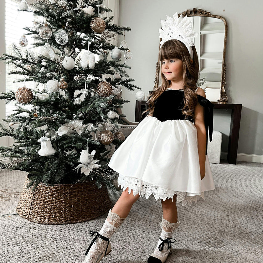 Audrey Black Velour Top and White Sateen Dress