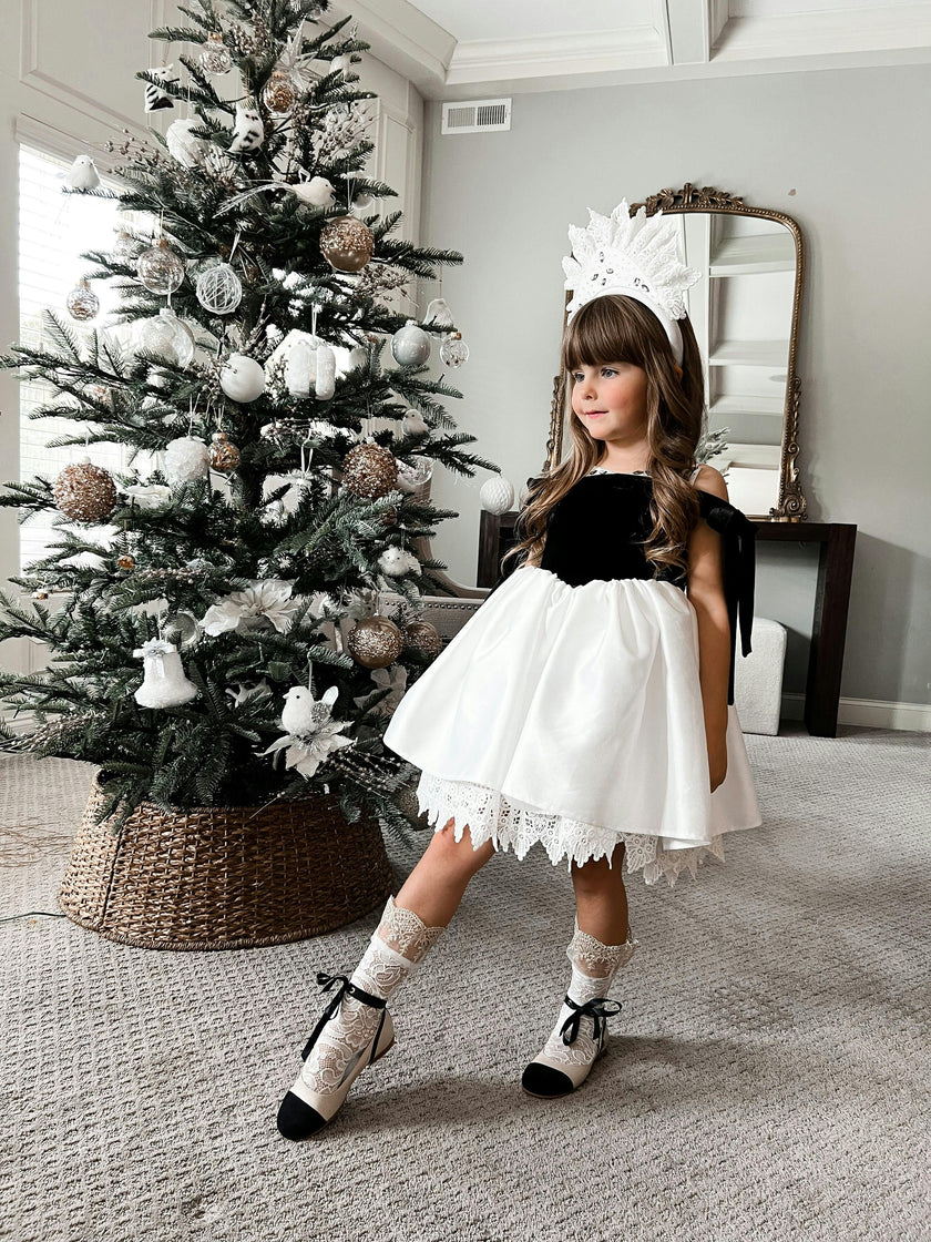 Audrey Black Velour Top and White Sateen Dress