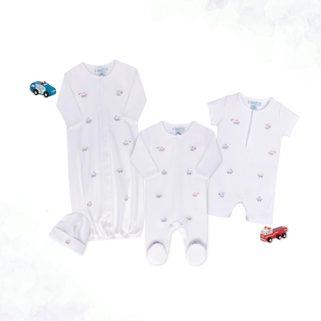 Vehicle Embroidered Cotton Gown w/Hat White